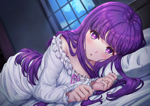 Anime picture 4093x2894 with sousou no frieren fern (sousou no frieren) nonoa-cg single long hair looking at viewer blush highres open mouth purple eyes absurdres purple hair indoors lying long sleeves dutch angle depth of field on side girl window