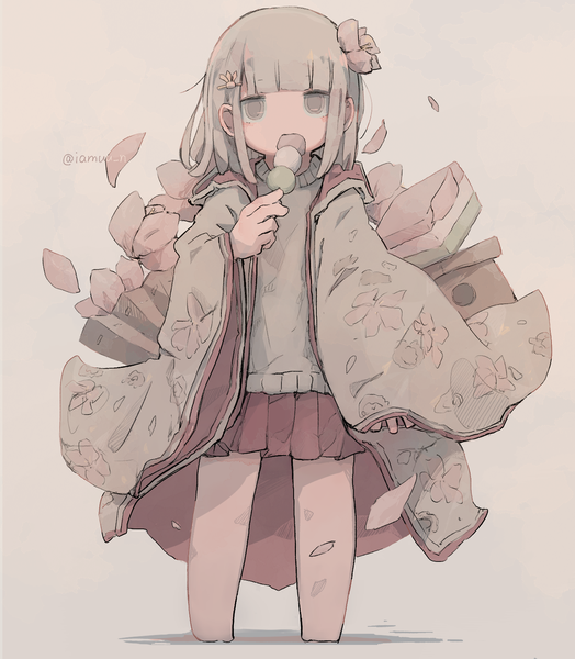 Anime-Bild 1361x1559 mit original aiamu iamu single tall image looking at viewer fringe short hair simple background standing signed blunt bangs traditional clothes japanese clothes hair flower grey hair grey eyes twitter username eating hinamatsuri (festival) girl