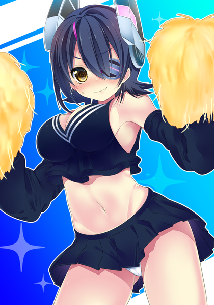 Anime picture 700x999 with kantai collection tenryuu light cruiser haruta (806060) single tall image looking at viewer blush short hair breasts open mouth light erotic large breasts yellow eyes bare belly pantyshot ass visible through thighs cheerleader girl skirt navel