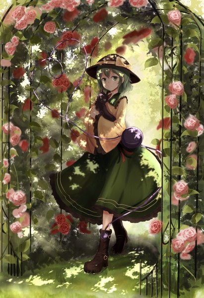 Anime picture 1200x1749 with touhou komeiji koishi yukitourou single tall image looking at viewer short hair holding green eyes outdoors green hair sunlight wide sleeves walking girl skirt flower (flowers) plant (plants) hat animal