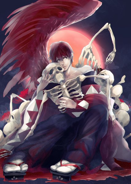 Anime picture 855x1200 with saito yukihiro single tall image short hair blue eyes sitting bare shoulders looking away red hair long sleeves traditional clothes hug skeleton boy flower (flowers) wings blood skull higanbana