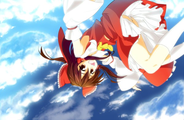 Anime picture 1500x978 with touhou hakurei reimu kinoto (ruindivinity) single long hair looking at viewer open mouth brown hair brown eyes sky cloud (clouds) girl dress skirt detached sleeves skirt set