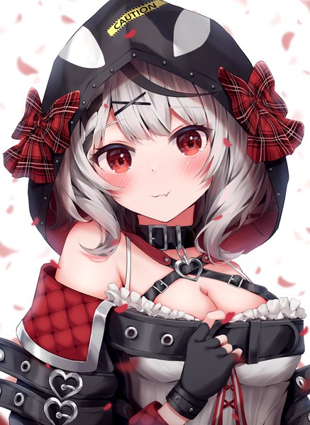 Anime picture 1591x2183 with virtual youtuber hololive sakamata chloe sakamata chloe (1st costume) magaqq123 single tall image looking at viewer blush short hair breasts light erotic red eyes large breasts cleavage silver hair upper body head tilt multicolored hair streaked hair