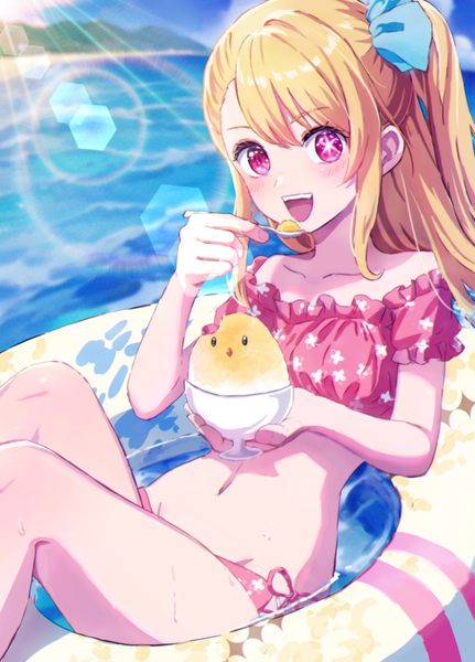 Anime picture 831x1158 with oshi no ko hoshino ruby chirin single long hair tall image looking at viewer fringe open mouth light erotic blonde hair hair between eyes :d pink eyes one side up lens flare symbol-shaped pupils girl swimsuit bikini