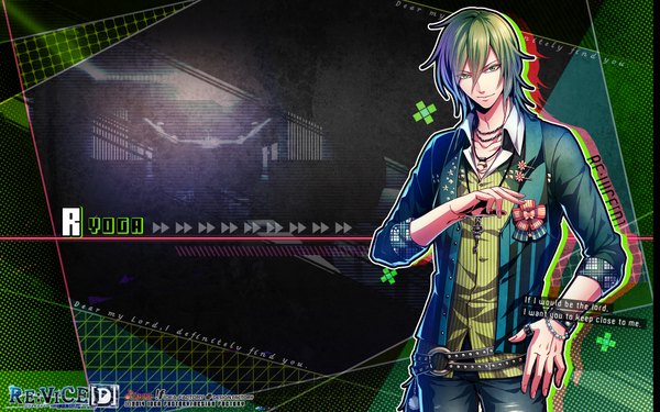 Anime picture 1920x1200 with re:vice[d] idea factory ryoga (re:vice[d]) looking at viewer fringe highres short hair standing green eyes green hair official art wallpaper hand on hip boy hair ornament bracelet belt hairclip pendant ring