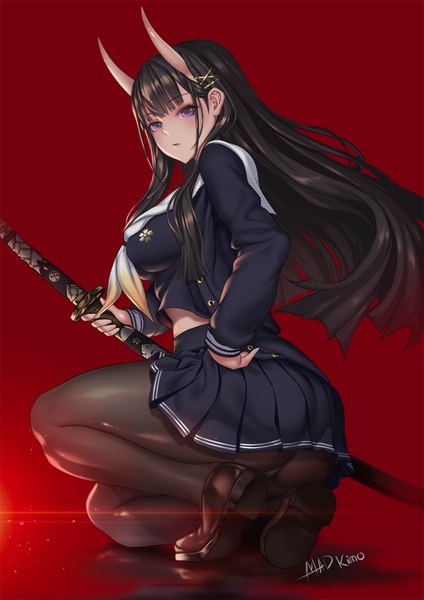 Anime picture 1200x1698 with azur lane noshiro (azur lane) mad kimo single long hair tall image looking at viewer blush fringe breasts light erotic black hair simple background large breasts purple eyes holding signed full body bent knee (knees) ass