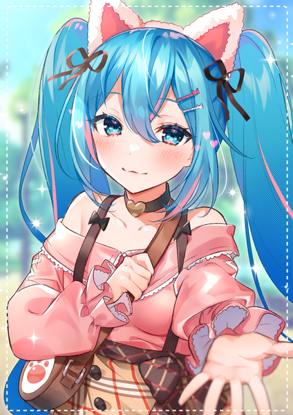 Anime picture 900x1273 with vocaloid hatsune miku haruyuki 14 single long hair tall image looking at viewer blush fringe blue eyes hair between eyes animal ears blue hair upper body fake animal ears framed outstretched hand :3 dotted line girl