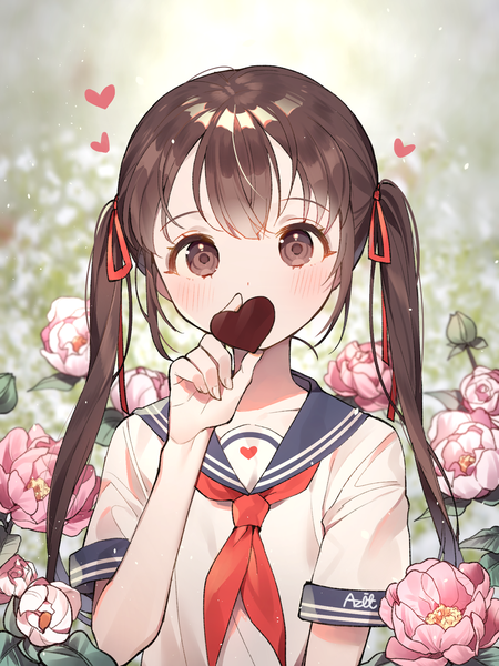 Anime picture 1500x2000 with original azit (down) single long hair tall image looking at viewer blush fringe hair between eyes brown hair twintails brown eyes signed payot upper body short sleeves covered mouth valentine girl uniform