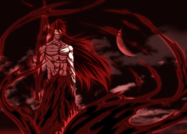 Anime-Bild 1200x863 mit bleach studio pierrot kurosaki ichigo ioshik single long hair red eyes cloud (clouds) red hair night sky coloring magic red background spoilers red moon boy moon bandage (bandages)