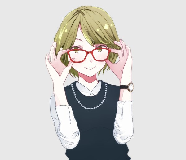 Anime picture 1362x1173 with original akku lude single looking at viewer blush short hair simple background smile green eyes green hair grey background adjusting glasses girl glasses vest clock beads pocket watch