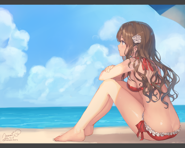 Anime picture 1500x1200 with original momoko (momopoco) single long hair fringe breasts light erotic brown hair sitting brown eyes signed looking away sky cloud (clouds) full body bent knee (knees) ass outdoors profile barefoot
