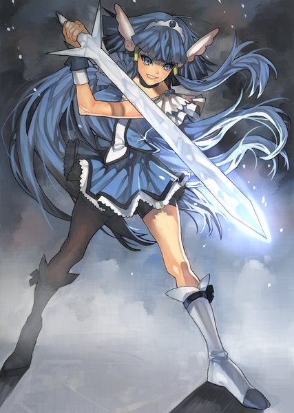 Anime picture 1007x1416 with precure smile precure! toei animation aoki reika cure beauty arutera single long hair tall image blush blue eyes blue hair grin battle girl dress weapon sword thigh boots wrist cuffs