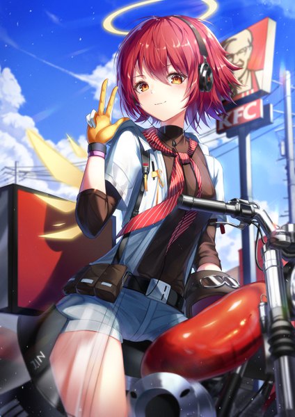 Anime picture 4000x5658 with arknights kfc (company) exusiai (arknights) exusiai (city rider) (arknights) fall (aki) single tall image looking at viewer blush fringe highres short hair smile hair between eyes sitting absurdres sky cloud (clouds) outdoors red hair
