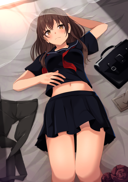 Anime picture 1062x1505 with original aibumi single long hair tall image looking at viewer blush fringe breasts hair between eyes brown hair brown eyes indoors lying pleated skirt arm up bare legs short sleeves midriff on back