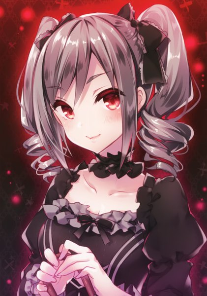 Anime picture 2111x3010 with idolmaster idolmaster cinderella girls kanzaki ranko riichu single long hair tall image looking at viewer blush fringe highres breasts simple background smile red eyes twintails long sleeves head tilt lips grey hair
