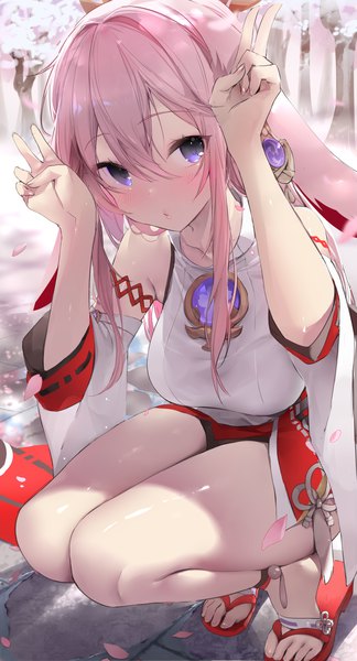 Anime picture 1896x3508 with genshin impact yae miko daefny single long hair tall image looking at viewer blush fringe highres breasts hair between eyes purple eyes bare shoulders pink hair full body bent knee (knees) traditional clothes japanese clothes fingernails