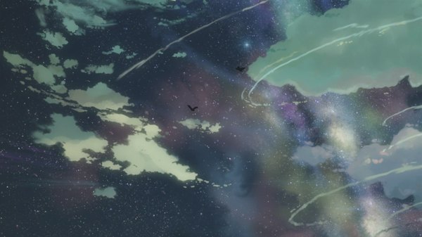 Anime picture 1920x1080 with 5 centimeters per second highres wide image sky cloud (clouds) flying landscape animal bird (birds) star (stars)