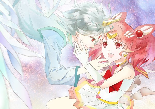 Anime picture 800x560 with bishoujo senshi sailor moon toei animation chibiusa sailor chibi moon helios biko long hair short hair open mouth simple background smile red eyes twintails pink hair profile pleated skirt horn (horns) grey hair hair bun (hair buns) leaning