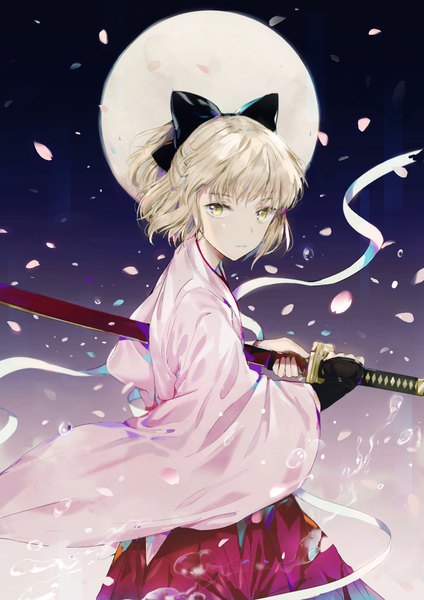 Anime picture 800x1132 with fate (series) koha-ace okita souji (fate) (all) okita souji (koha-ace) dangmill single tall image fringe short hair blonde hair holding yellow eyes looking away ponytail traditional clothes japanese clothes wind night wide sleeves night sky