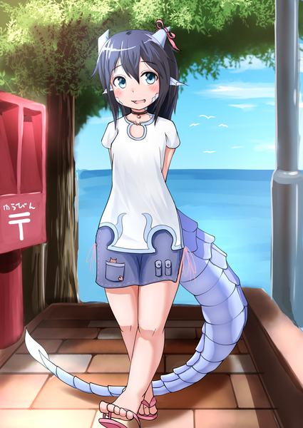 Anime picture 1000x1412 with original leaf-chan kyabe tsuka single long hair tall image looking at viewer blush fringe open mouth blue eyes black hair hair between eyes standing payot sky cloud (clouds) full body outdoors tail