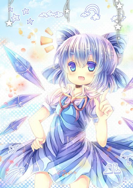 Anime picture 707x1000 with touhou cirno pjrmhm coa single tall image blush short hair open mouth blue eyes blue hair hand on hip girl dress bow hair bow wings