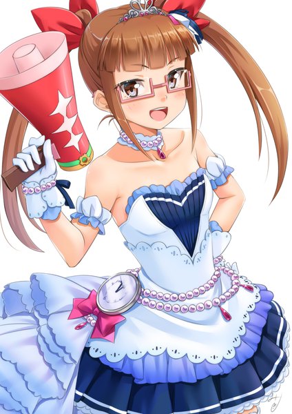 Anime picture 827x1169 with idolmaster idolmaster cinderella girls idolmaster cinderella girls starlight stage ikebukuro akiha miri (ago550421) single long hair tall image looking at viewer blush fringe open mouth simple background brown hair white background twintails bare shoulders holding brown eyes payot