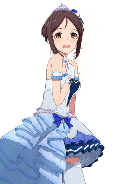 Anime picture 1179x1720 with idolmaster idolmaster cinderella girls idolmaster cinderella girls starlight stage ayase honoka yahiro (epicopeiidae) single long hair tall image looking at viewer open mouth simple background brown hair standing white background bare shoulders brown eyes hand on chest starry sky bright girl thighhighs