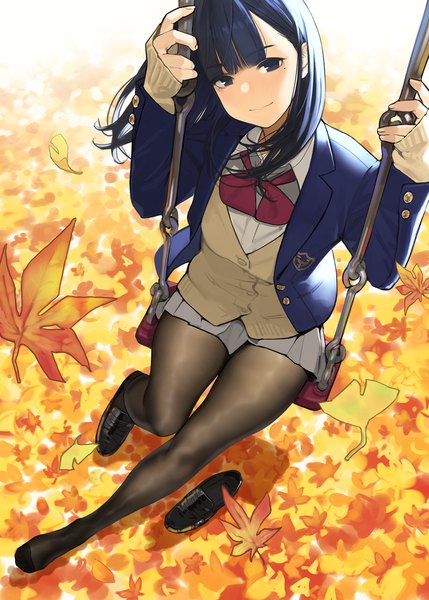 Anime picture 1287x1800 with miru tights nakabeni yua yomu (sgt epper) single long hair tall image looking at viewer fringe black hair smile sitting holding full body bent knee (knees) blunt bangs head tilt pleated skirt from above wind black eyes