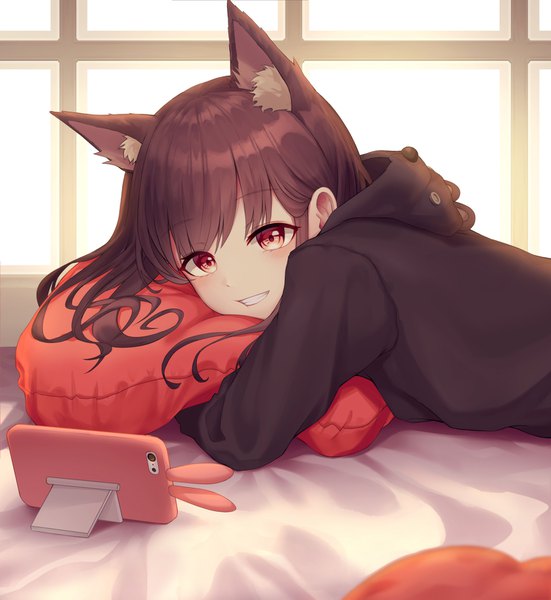 Anime picture 1500x1633 with original myung yi single long hair tall image blush fringe smile red eyes brown hair animal ears looking away indoors lying cat ears cat girl grin on stomach pillow hug girl