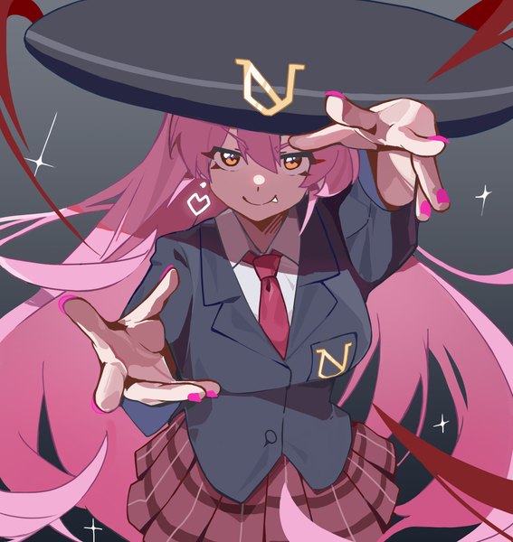 Anime picture 2337x2475 with undead unluck gina chamber ki26 single long hair tall image looking at viewer fringe highres simple background smile hair between eyes pink hair nail polish pleated skirt sparkle orange eyes fang (fangs) outstretched hand pink nail polish