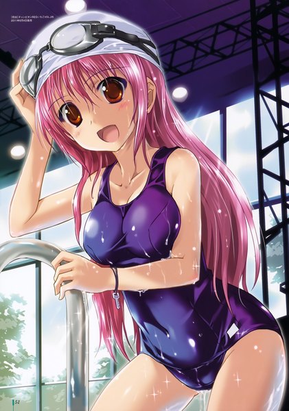 Anime picture 4920x7005 with original komatsu eiji single long hair tall image blush highres open mouth light erotic red eyes pink hair absurdres official art wet girl swimsuit one-piece swimsuit school swimsuit