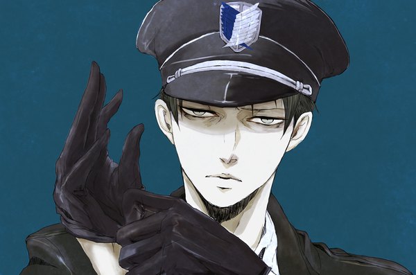 Anime picture 900x596 with shingeki no kyojin production i.g levi (rivaille) ihciuy0211 single looking at viewer short hair black hair simple background grey eyes shaded face face expressionless aqua background boy gloves black gloves peaked cap
