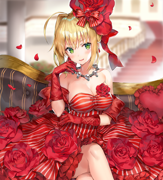 Anime picture 1500x1659 with fate (series) fate/extra nero claudius (fate) (all) nero claudius (fate) momoko (momopoco) single tall image looking at viewer blush fringe short hair breasts open mouth light erotic blonde hair smile hair between eyes sitting bare shoulders green eyes