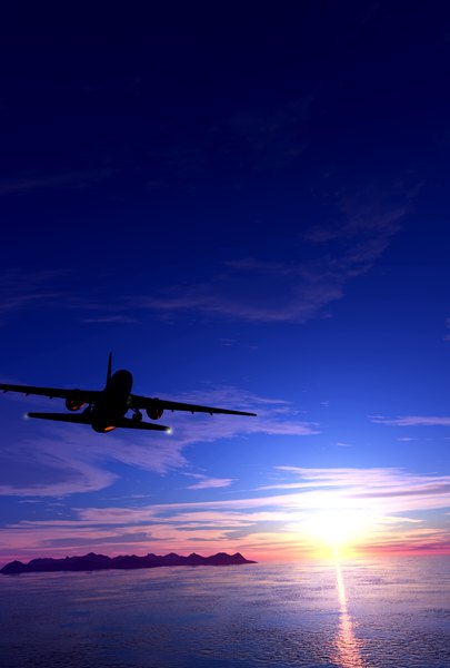 Anime picture 1181x1748 with original aokcub tall image sky cloud (clouds) sunlight evening sunset flying no people landscape water sun aircraft airplane