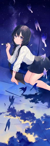 Anime picture 349x1000 with original achiki single long hair tall image looking at viewer fringe black hair purple eyes twintails sky cloud (clouds) arm support low twintails on all fours twisty sleeves girl uniform school uniform animal