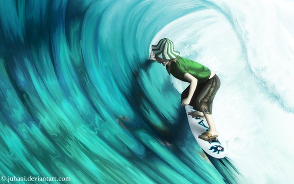 Anime picture 1440x900 with bleach studio pierrot urahara kisuke juhani (artist) single short hair blonde hair smile wide image surfing boy hat water shorts wave (waves) surfboard