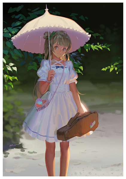 Anime picture 723x1030 with love live! school idol project sunrise (studio) love live! minami kotori alphonse (white datura) single long hair tall image looking at viewer smile brown hair standing brown eyes signed sunlight one side up border girl dress plant (plants)