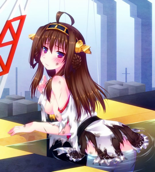 Anime-Bild 900x1000 mit kantai collection kongou battleship door to heaven single long hair tall image looking at viewer blush light erotic brown hair purple eyes bare shoulders ahoge traditional clothes torn clothes nontraditional miko girl hair ornament detached sleeves