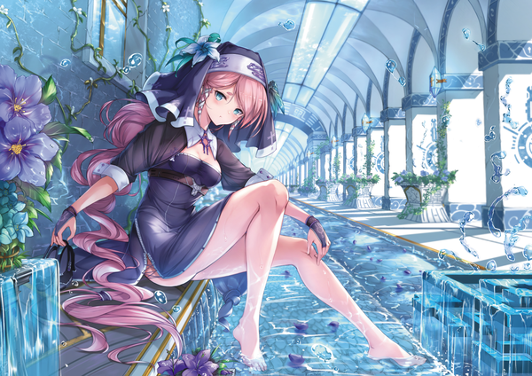 Anime picture 1440x1018 with original yue ying jin feng single looking at viewer blush fringe breasts blue eyes light erotic hair between eyes sitting holding pink hair cleavage full body bent knee (knees) very long hair barefoot wet high heels