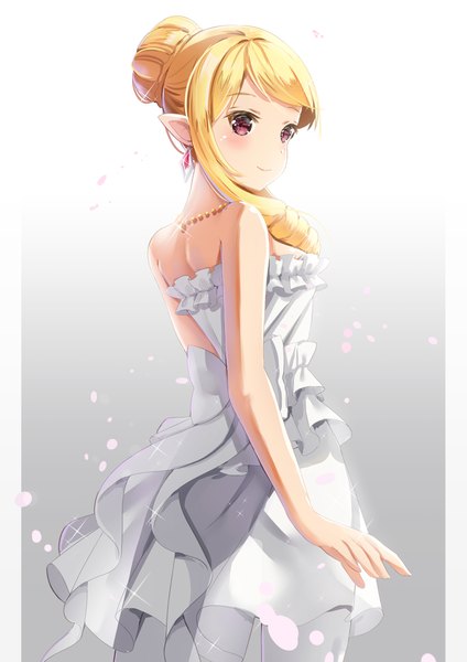 Anime picture 2894x4093 with eromanga sensei a-1 pictures yamada elf holmemee single long hair tall image looking at viewer blush fringe highres blonde hair simple background standing purple eyes bare shoulders payot looking back light smile pointy ears