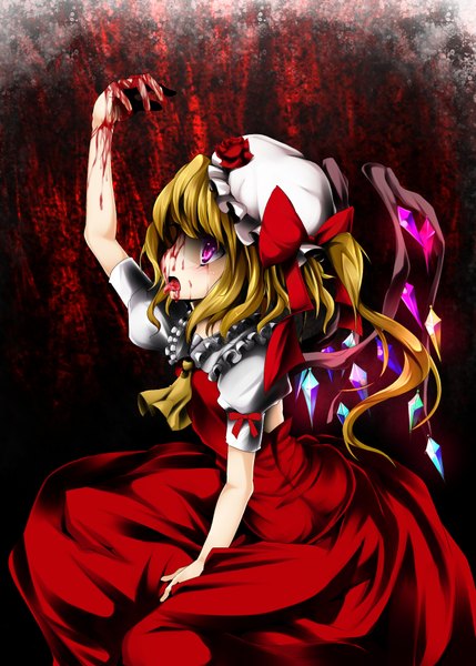 Anime picture 1295x1812 with touhou flandre scarlet oouso (usotsukiya) shimo (depthbomb) single long hair tall image blonde hair pink eyes one side up girl dress wings tongue blood bonnet