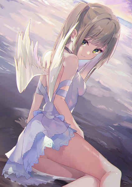 Anime-Bild 2976x4209 mit original fpesu single long hair tall image looking at viewer blush fringe highres light erotic brown hair bare shoulders green eyes bent knee (knees) outdoors blunt bangs arm support one side up partially submerged reclining