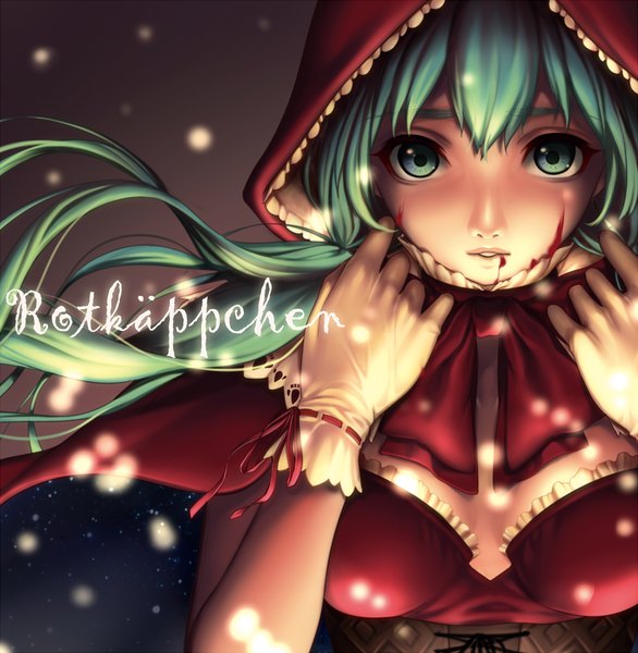 Anime picture 976x1000 with little red riding hood vocaloid hatsune miku masami chie single tall image looking at viewer breasts cleavage upper body very long hair parted lips aqua eyes aqua hair eyebrows blood on face german girl dress gloves