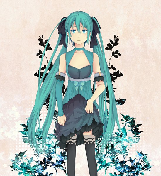 Anime picture 1009x1102 with vocaloid hatsune miku tagme (artist) single tall image twintails very long hair aqua eyes aqua hair girl thighhighs dress flower (flowers) bow black thighhighs hair bow detached sleeves