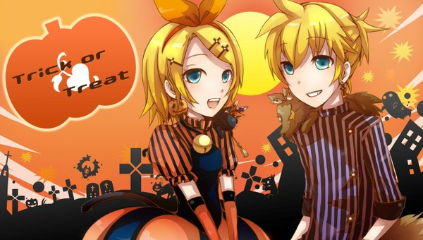 Anime picture 1359x772 with vocaloid kagamine rin kagamine len mikkin short hair open mouth blonde hair wide image aqua eyes scar striped halloween multiple tails ghost trick or treat girl dress boy gloves bow
