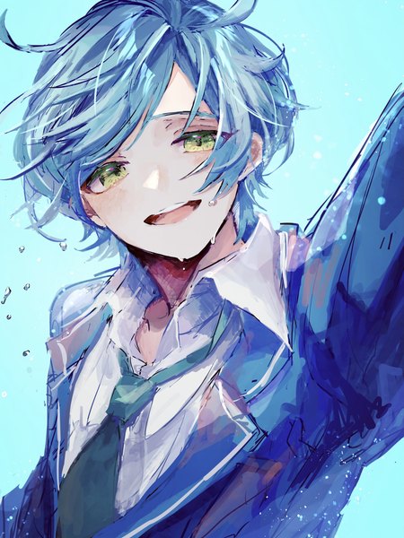 Anime picture 3072x4096 with ensemble stars! shinkai kanata u-sama (u summer0719) single tall image looking at viewer highres short hair open mouth simple background green eyes blue hair absurdres upper body :d blue background boy uniform school uniform necktie