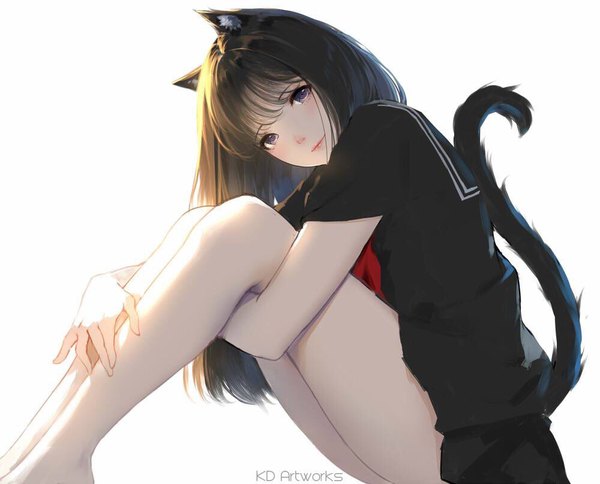 Anime picture 1000x808 with original caidychen single long hair looking at viewer blush fringe light erotic black hair simple background white background sitting purple eyes signed animal ears bent knee (knees) tail blunt bangs head tilt animal tail