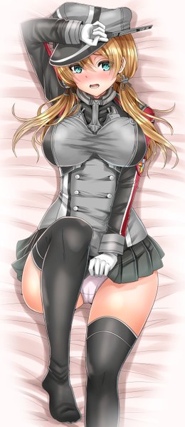Anime picture 600x1383 with kantai collection prinz eugen (kantai collection) inu (marukome) single long hair tall image looking at viewer breasts blue eyes light erotic blonde hair large breasts dakimakura (medium) girl thighhighs skirt uniform underwear panties black thighhighs