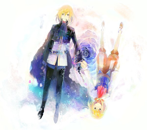 Anime picture 1262x1118 with tales of graces richard (tales) long hair simple background blonde hair smile yellow eyes holding hands boy flower (flowers) child (children)