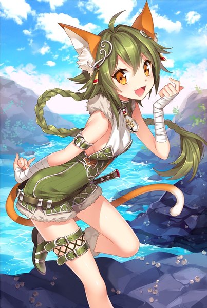 Anime picture 639x952 with chain chronicle sega lince nardack single long hair tall image looking at viewer blush fringe breasts open mouth smile hair between eyes standing animal ears payot sky cloud (clouds) ahoge